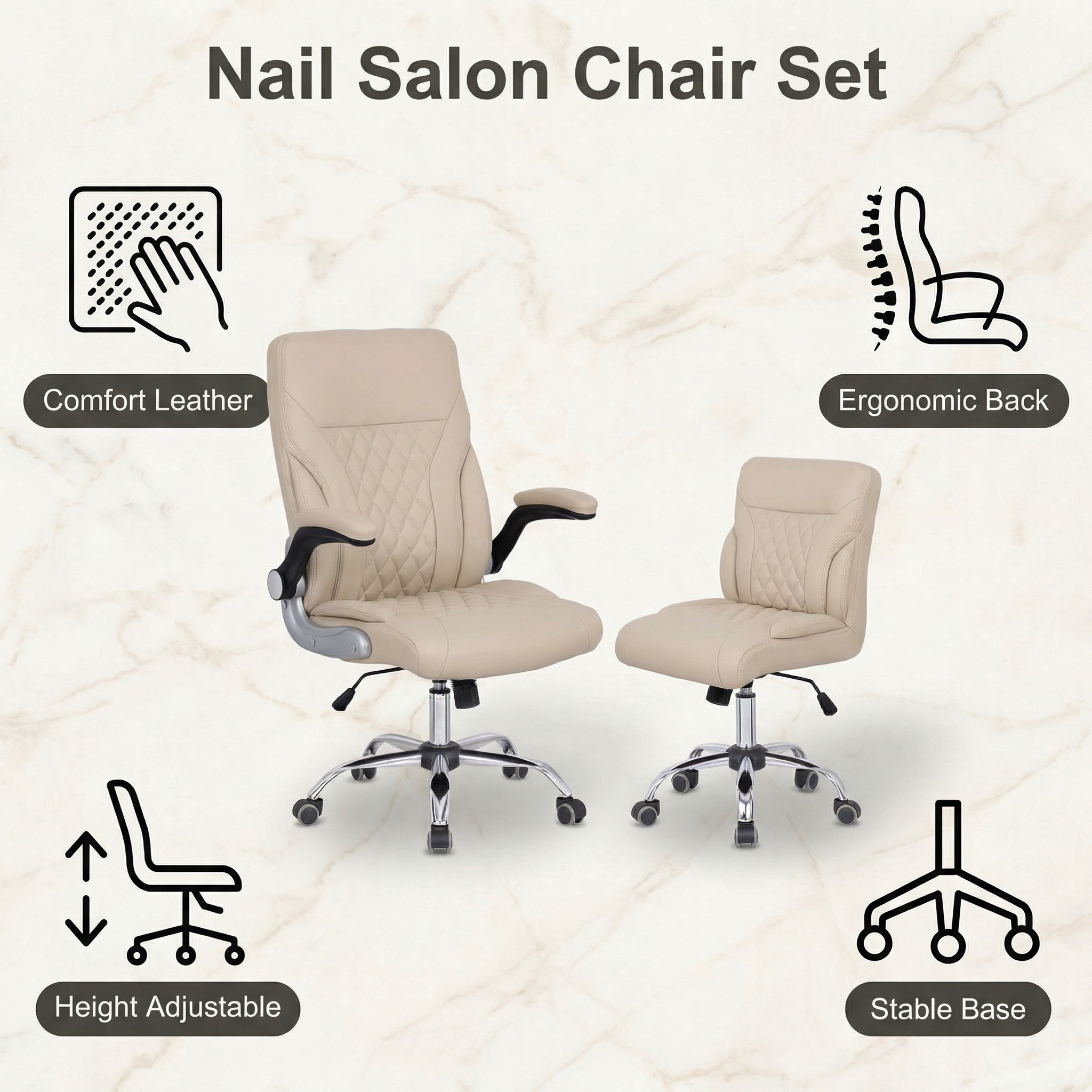 Upgrade your salon with premium nail chairs featuring acetone-resistant leather, stainless steel frame, and superior comfort. Factory direct pricing. Custom colors available