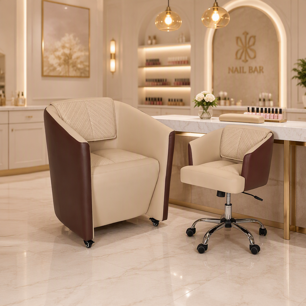 5017 LEADER beige and brown salon guest chair and rolling technician chair set