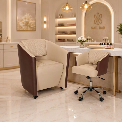 5017 LEADER beige and brown salon guest chair and rolling technician chair set
