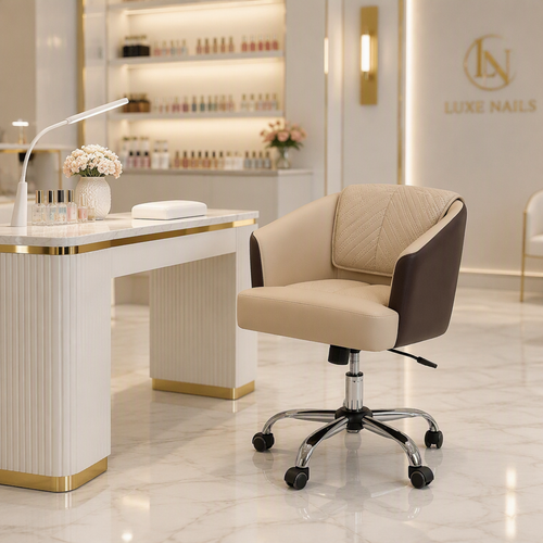 5017 LEADER beige and brown rolling salon technician chair in a nail studio