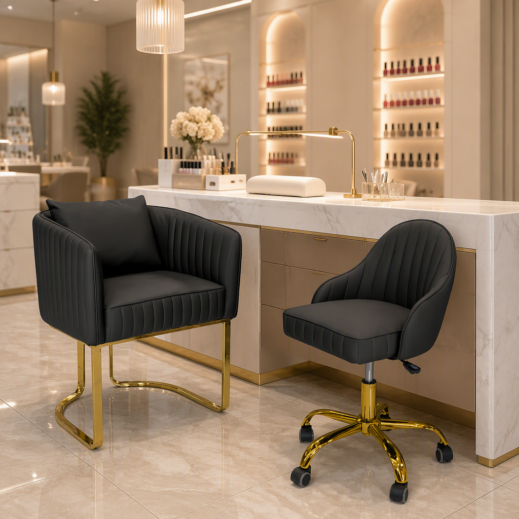 5021 Aurelia black guest chair and rolling technician chair in a nail salon