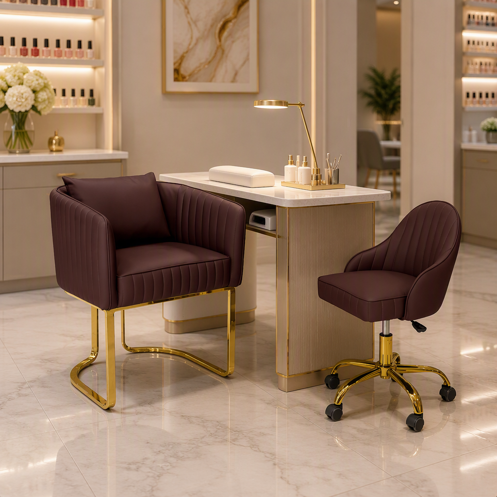 5021 Aurelia brown guest chair and rolling technician chair in a nail salon