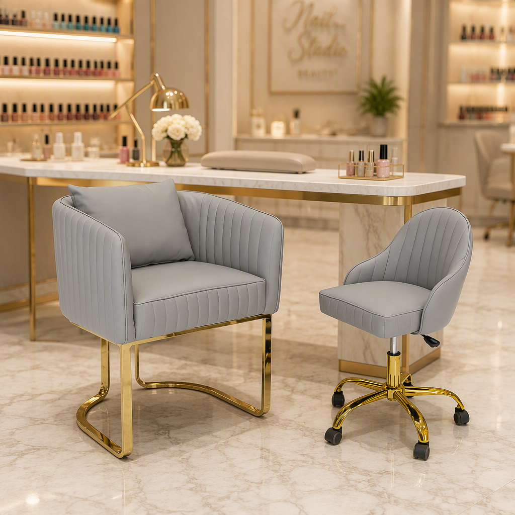 5021 Aurelia gray guest chair and rolling technician chair in a nail salon