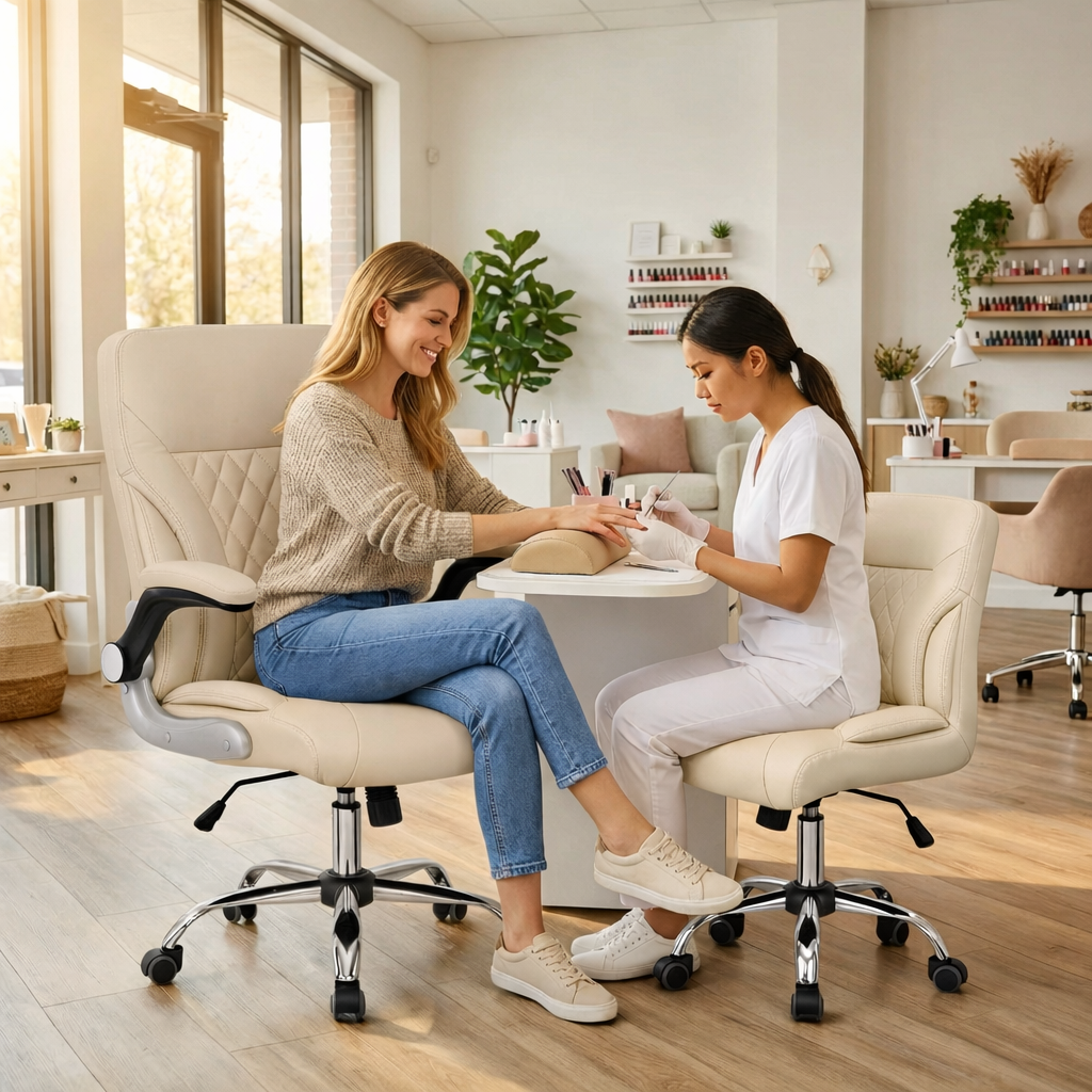 Upgrade your salon with premium nail chairs featuring acetone-resistant leather, stainless steel frame, and superior comfort. Factory direct pricing. Custom colors available
