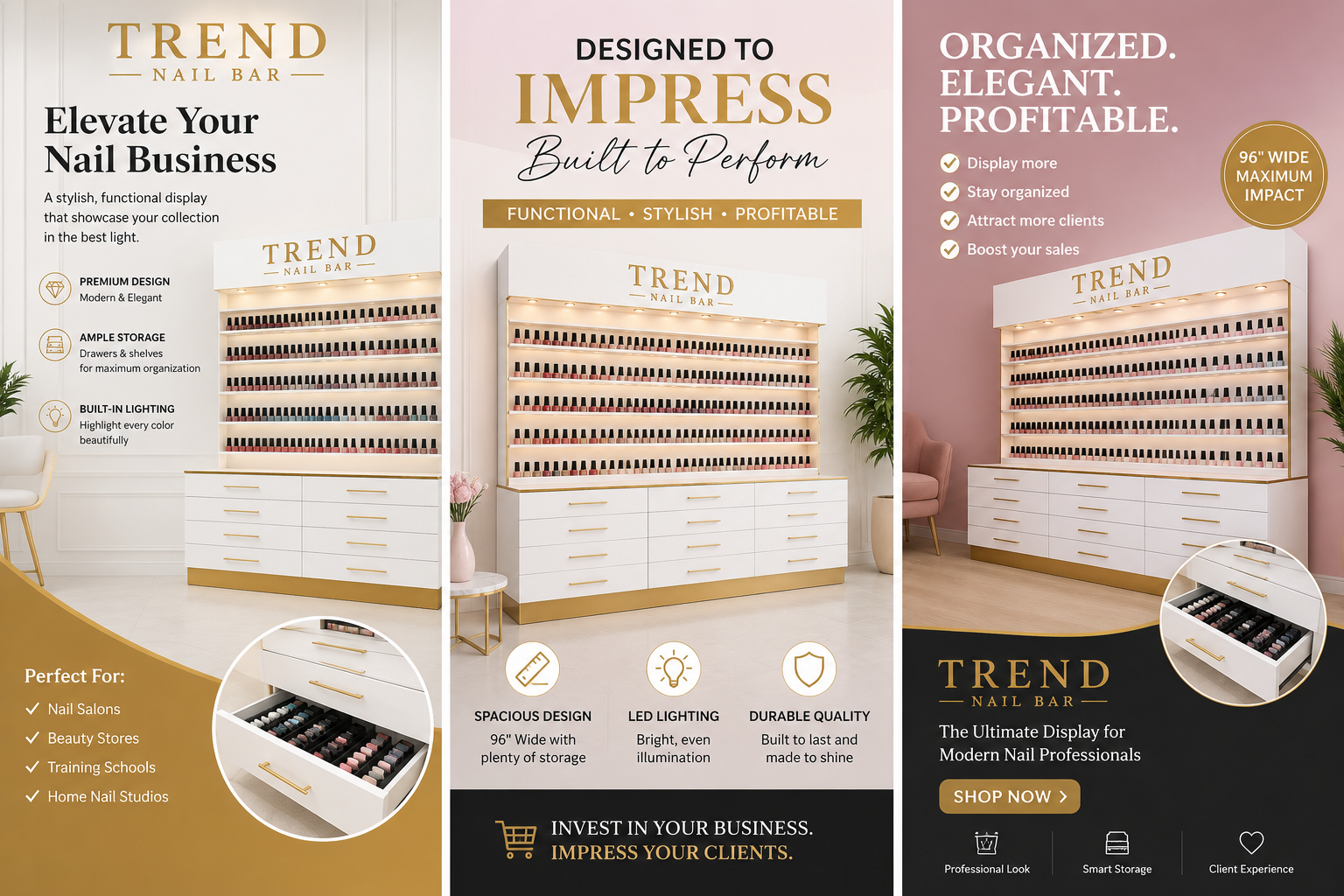 Bring luxury, organization, and modern elegance into your nail salon with the Nail Bar Display Cabinet.