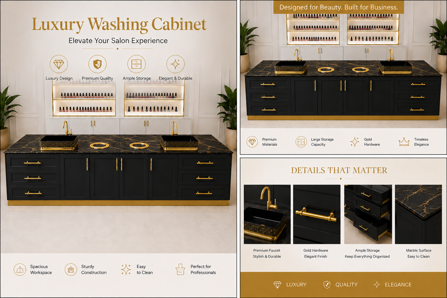 Custom luxury washing cabinet for nail salons. Available in customized colors, sizes, countertops, and hardware finishes. Modern salon sink station with premium storage design