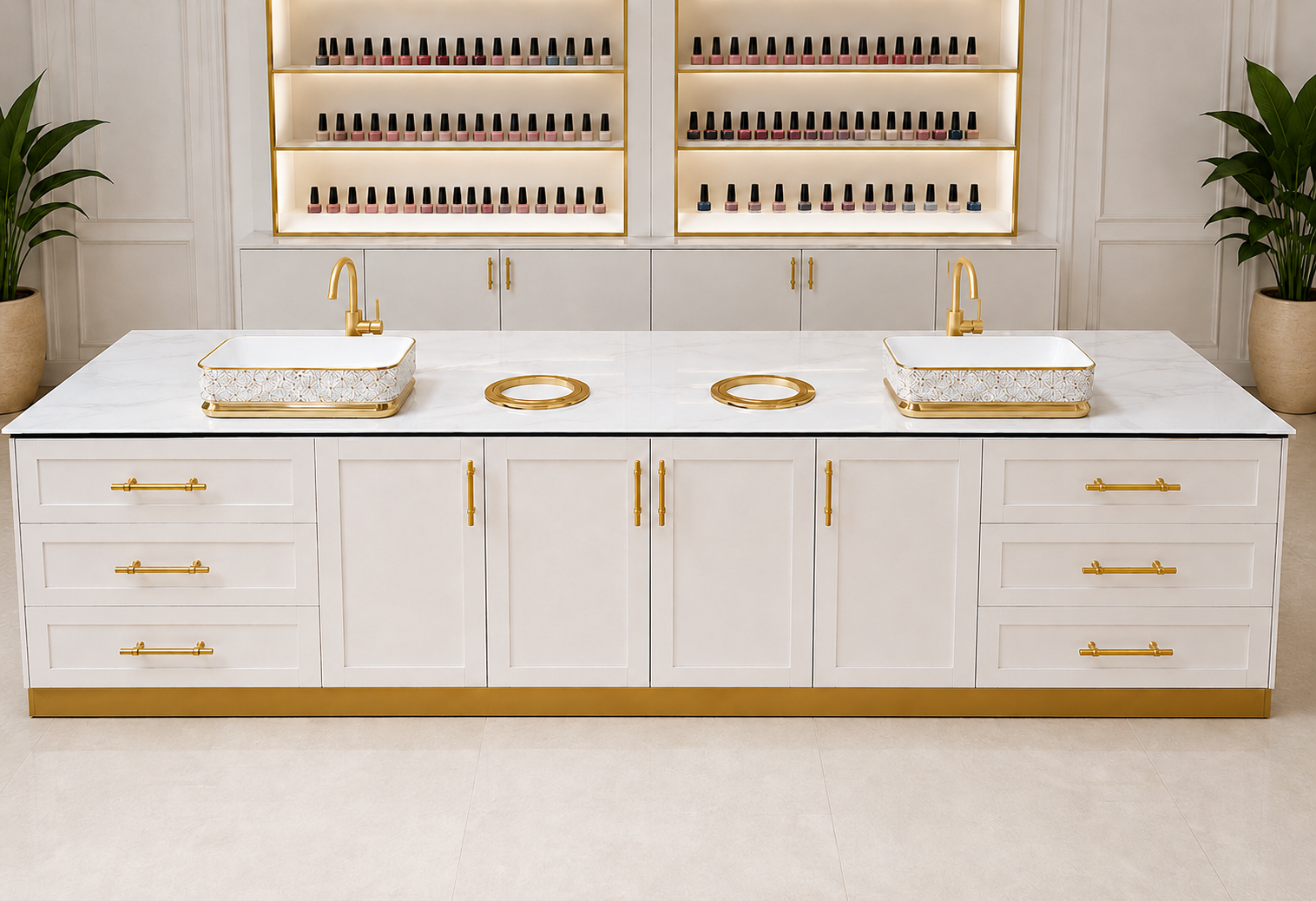 Custom luxury washing cabinet for nail salons. Available in customized colors, sizes, countertops, and hardware finishes. Modern salon sink station with premium storage design