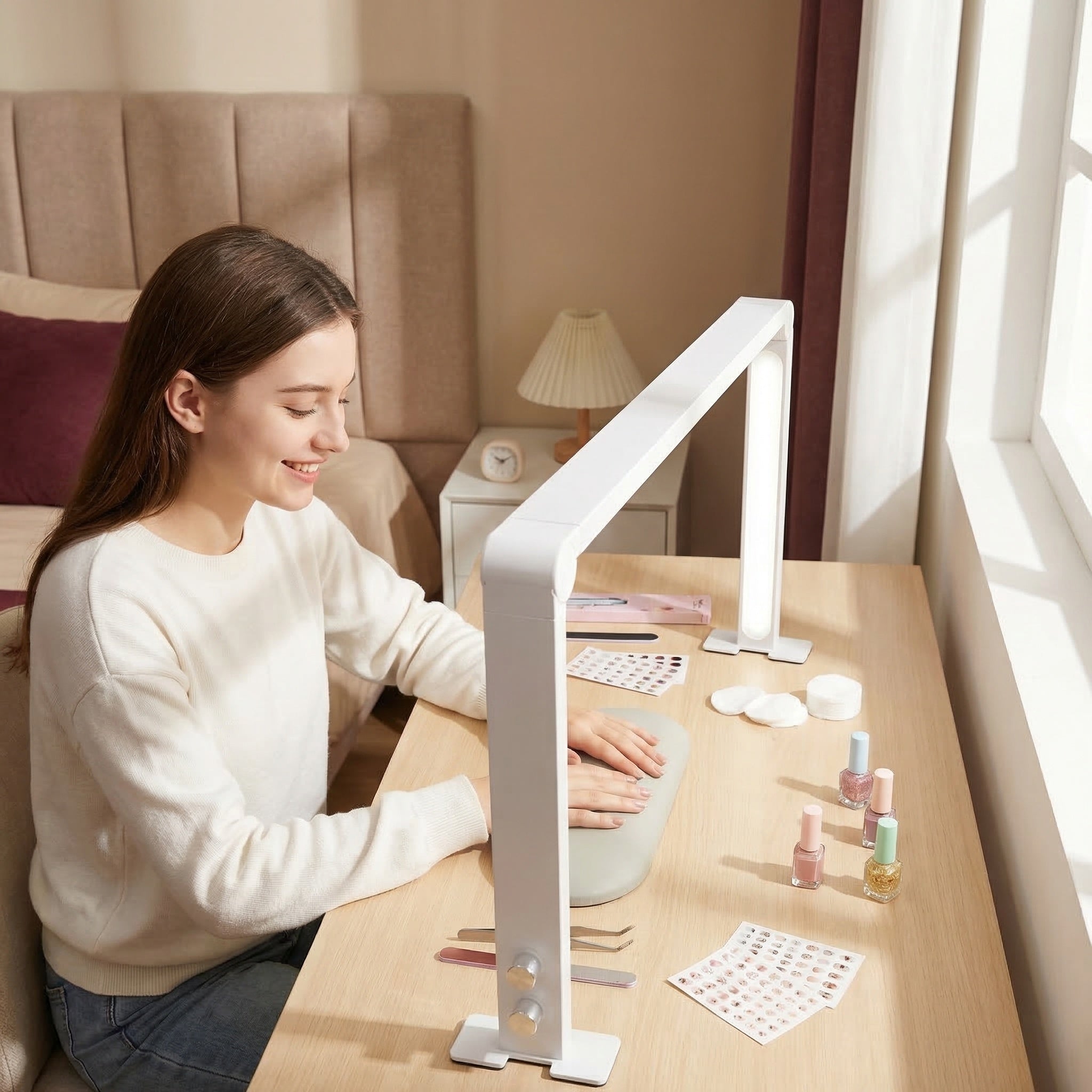 White Minimalist Nail Lamp Stand, Adjustable Height, Metal & Plastic, For Nail Salon & Home Use