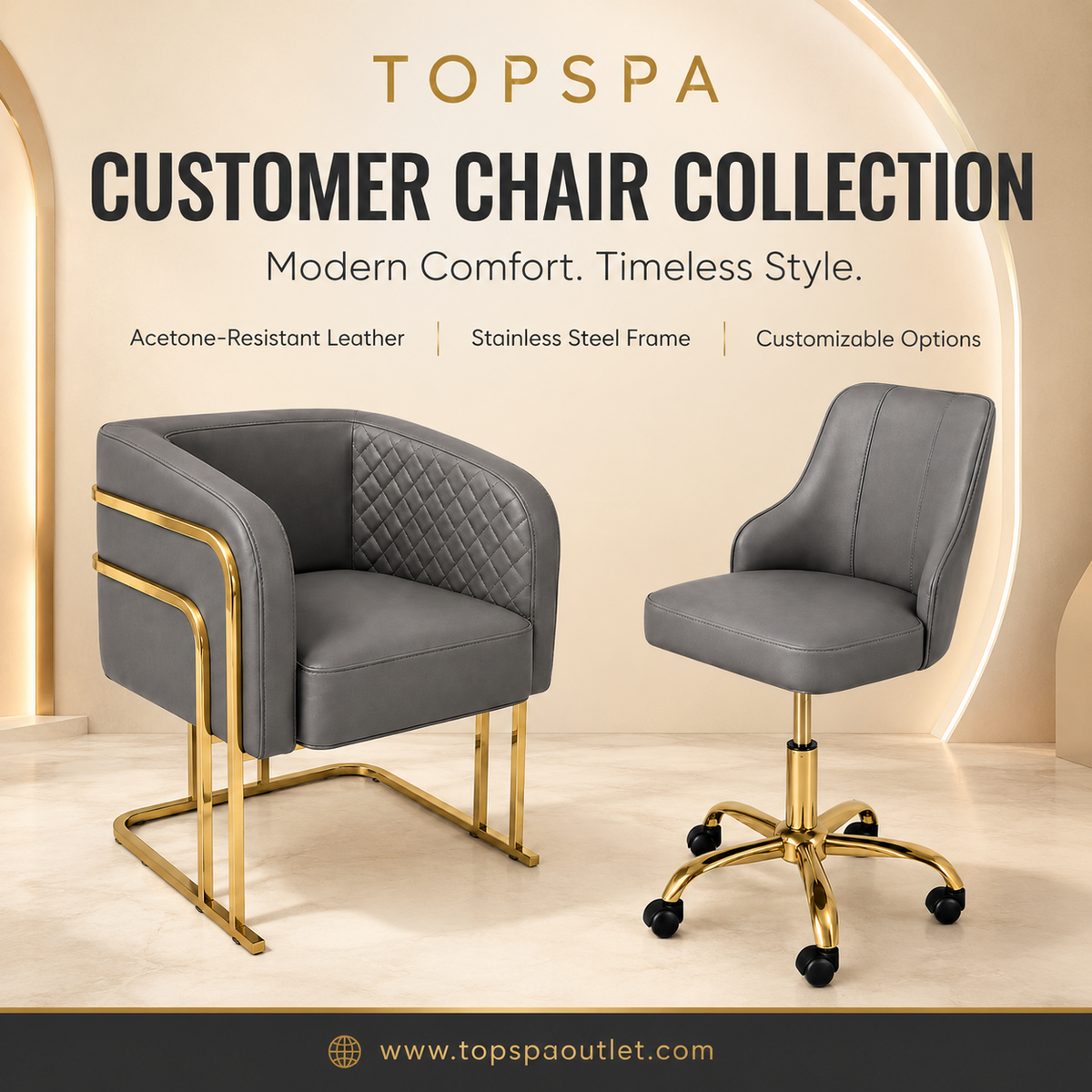 TopSpa grey customer chair collection with acetone-resistant leather and stainless steel frames
